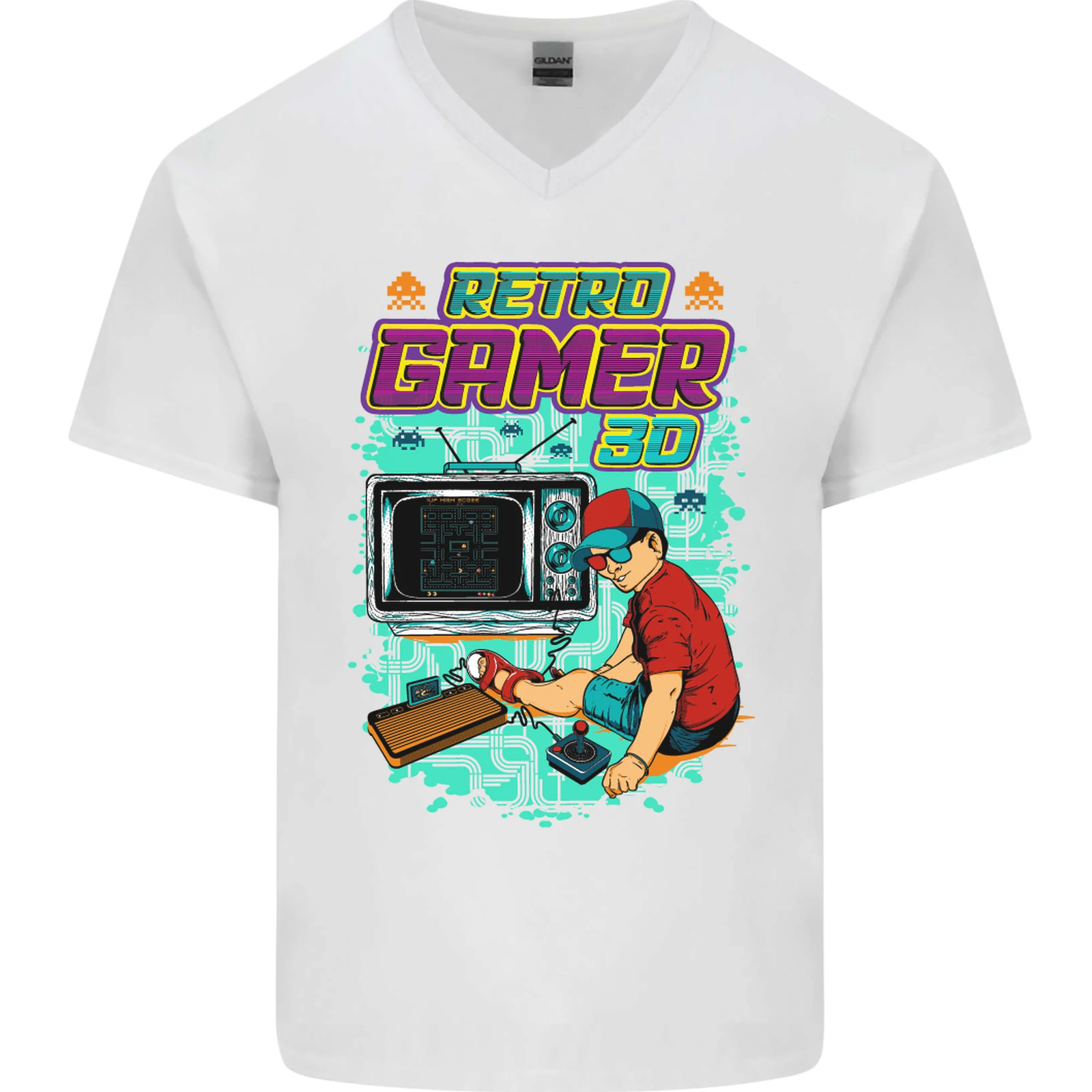 เสื้อยืดคอวีผ้าฝ้ายลายเกมเมอร์ - Retro Gaming Juegos บทวิจารณ์และราคา